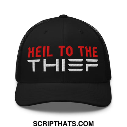 Black mesh trucker hat with red and white embroidered heil to the thief text and adjustable back closure