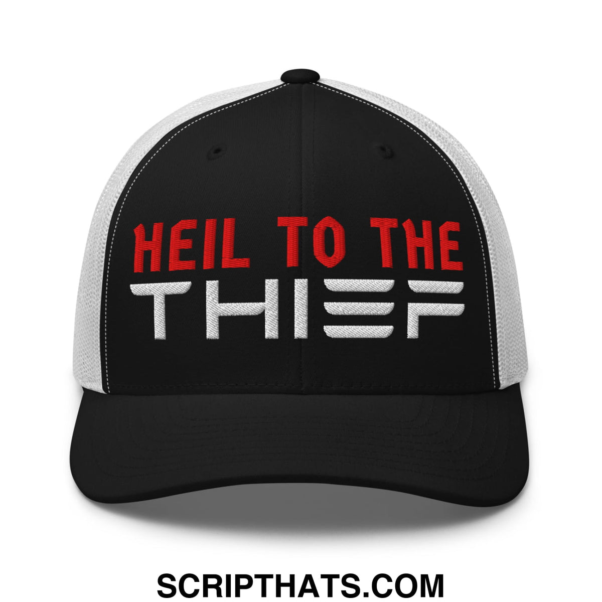 Black and white mesh trucker hat with heil to the thief embroidered in red and silver lettering