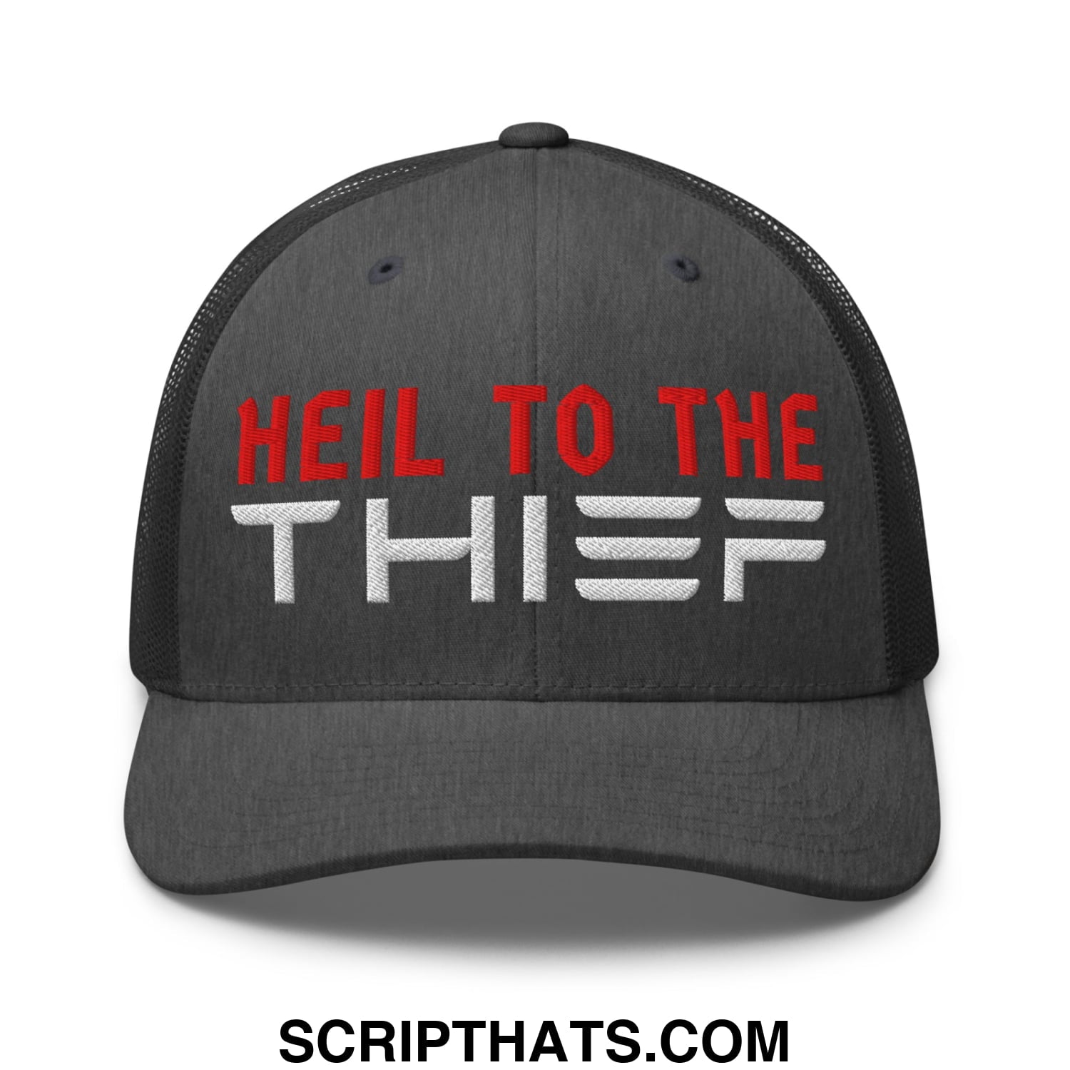 Black mesh trucker hat with red and white embroidered heil to the thief text on front panel