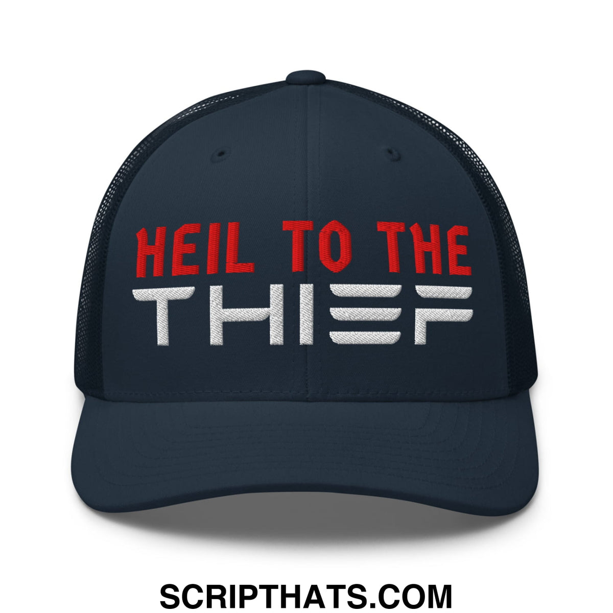 Dark navy mesh trucker hat with embroidered red and white heil to the thief text in a casual design