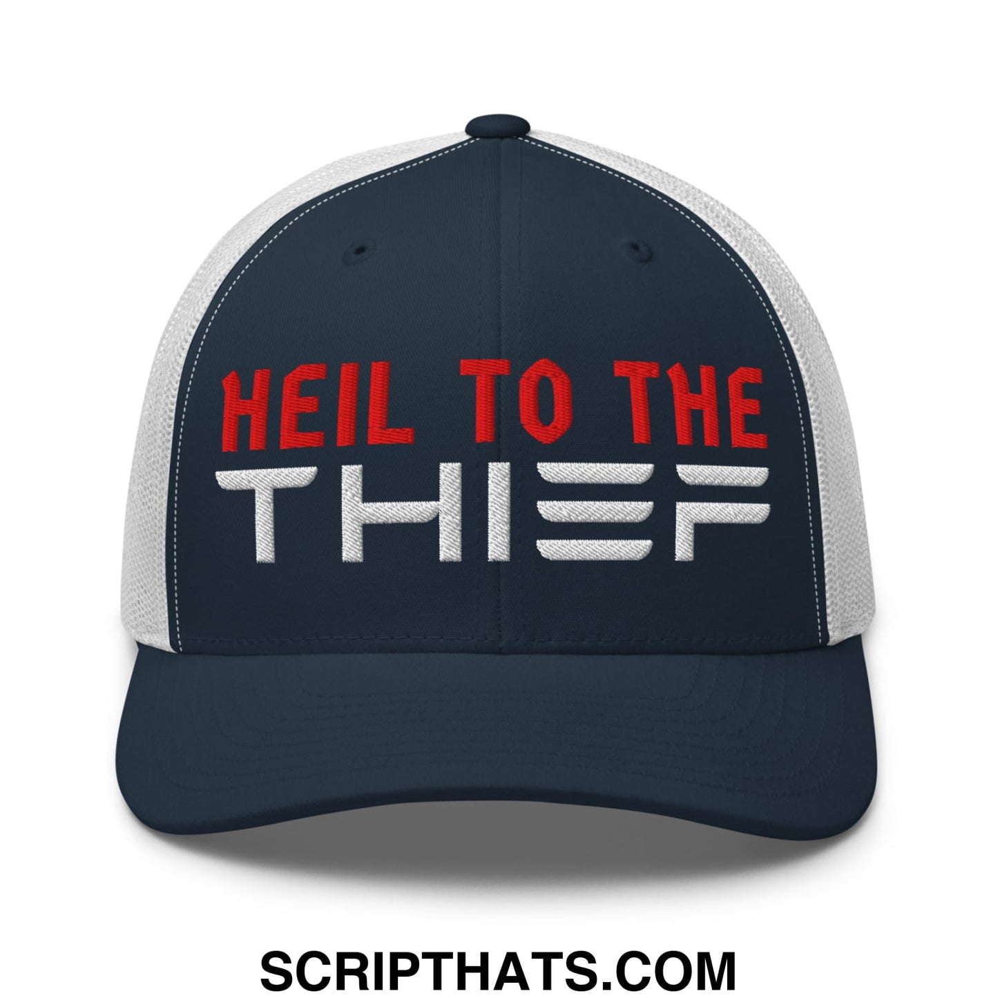 A navy blue and white mesh trucker hat with heil to the thief embroidered in red and silver lettering