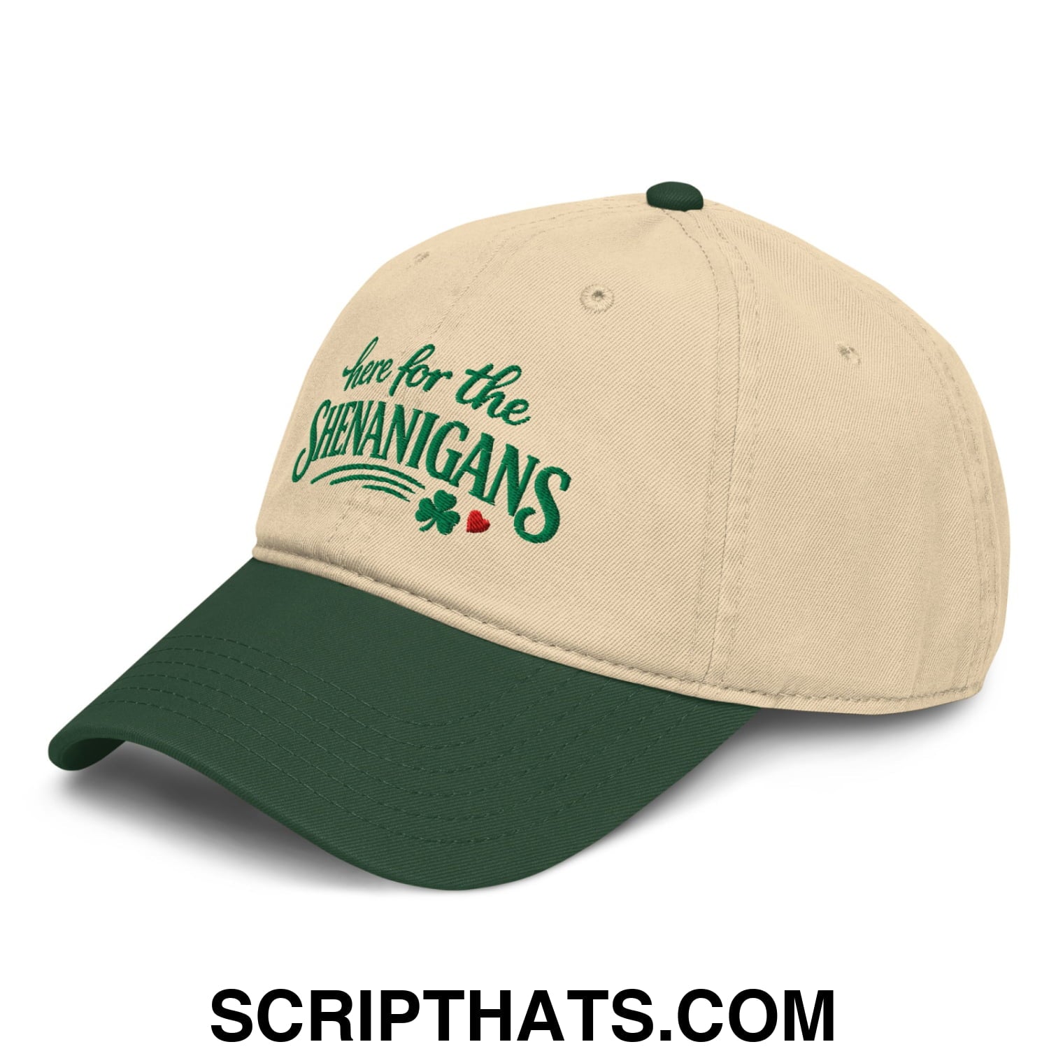 Here For The Shenanigans St. Patrick's Day Embroidered Baseball Dad Hat Dark Green Khaki