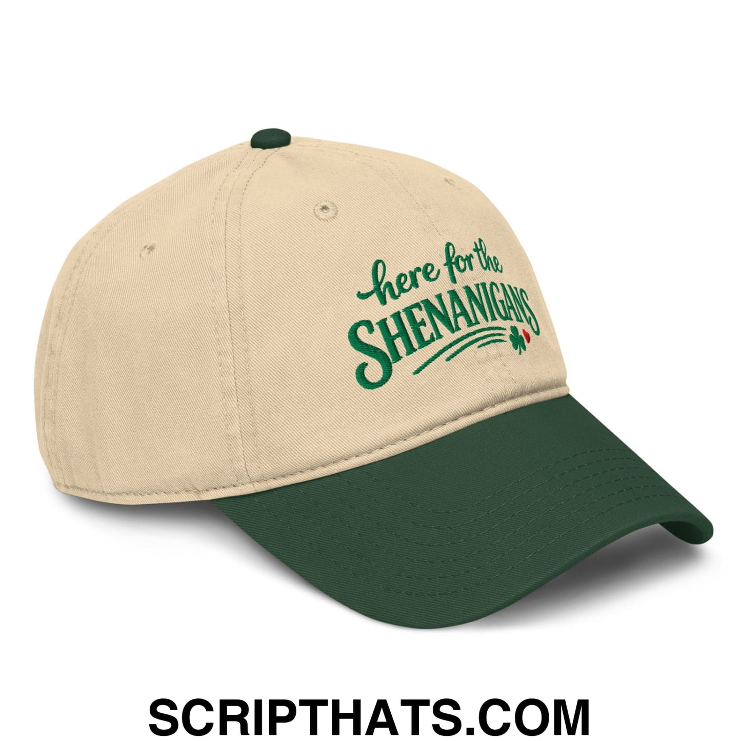 Here For The Shenanigans St. Patrick's Day Embroidered Baseball Dad Hat Dark Green Khaki