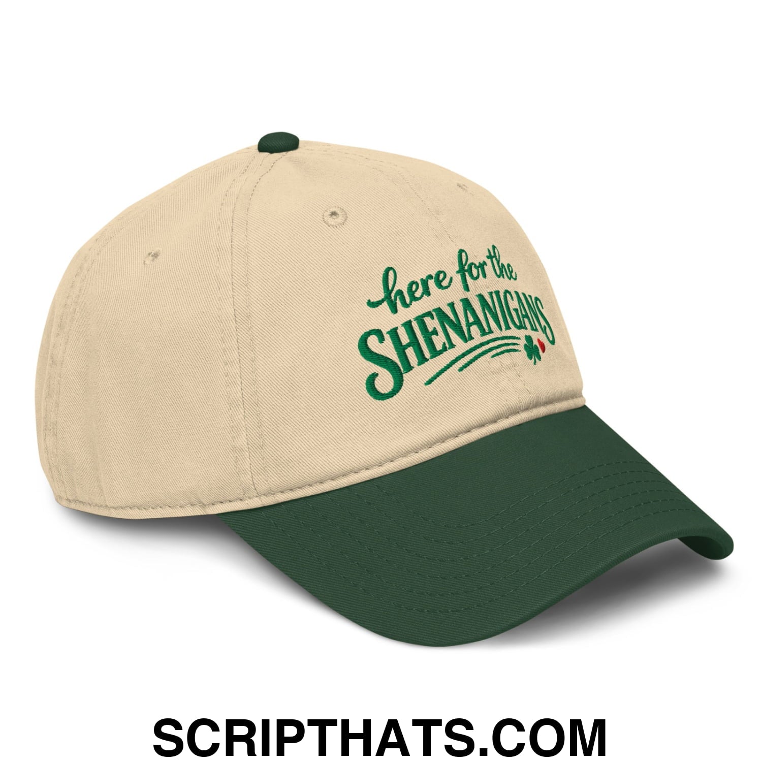 Here For The Shenanigans St. Patrick's Day Embroidered Baseball Dad Hat Dark Green Khaki