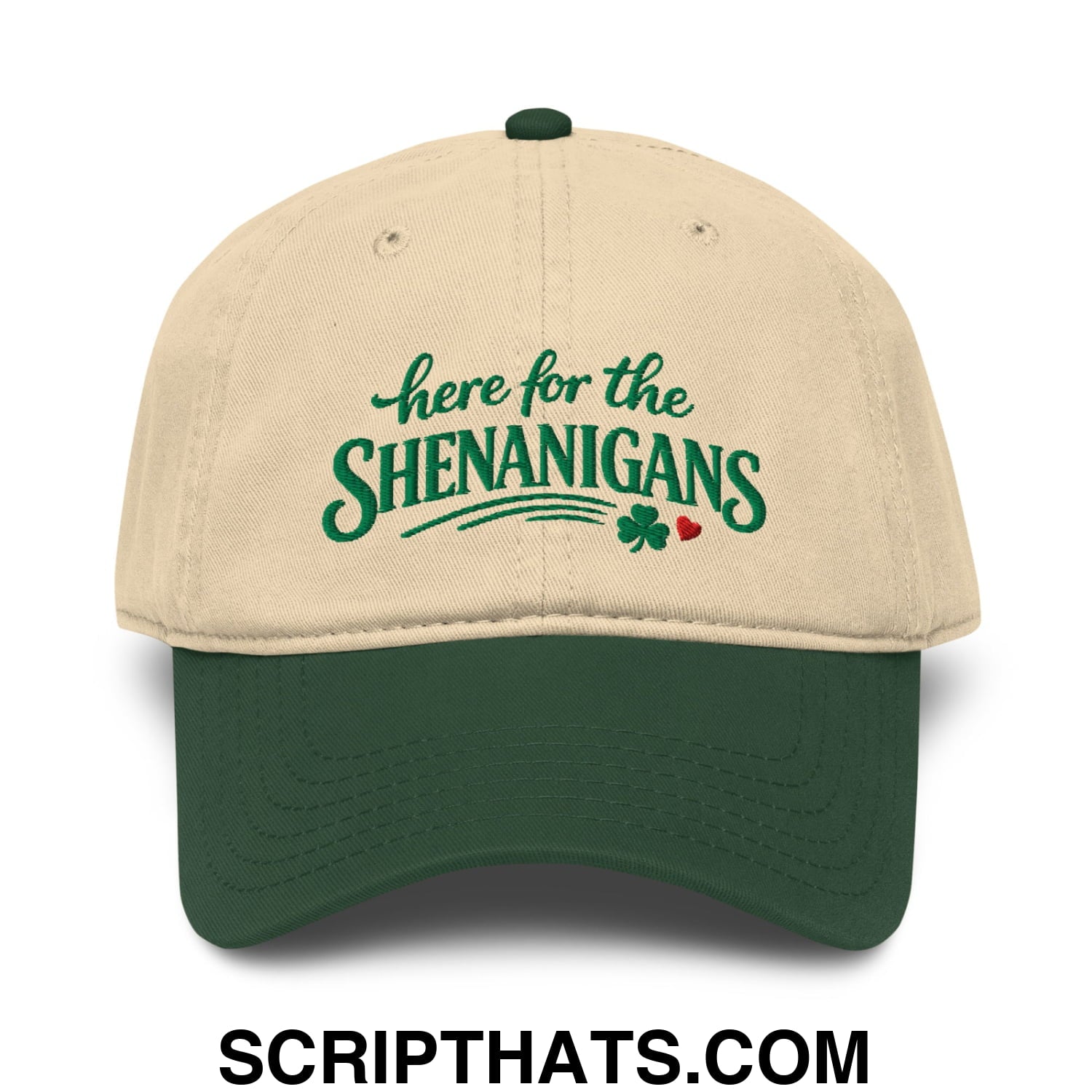 Here For The Shenanigans St. Patrick's Day Embroidered Baseball Dad Hat Dark Green Khaki