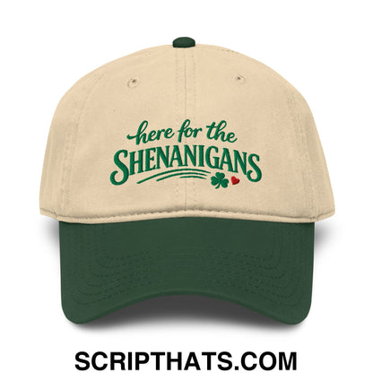Here For The Shenanigans St. Patrick's Day Embroidered Baseball Dad Hat Dark Green Khaki