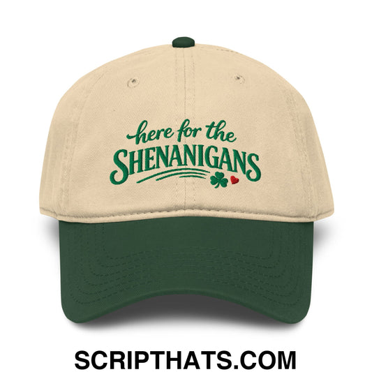 Here For The Shenanigans St. Patrick's Day Embroidered Baseball Dad Hat Dark Green Khaki