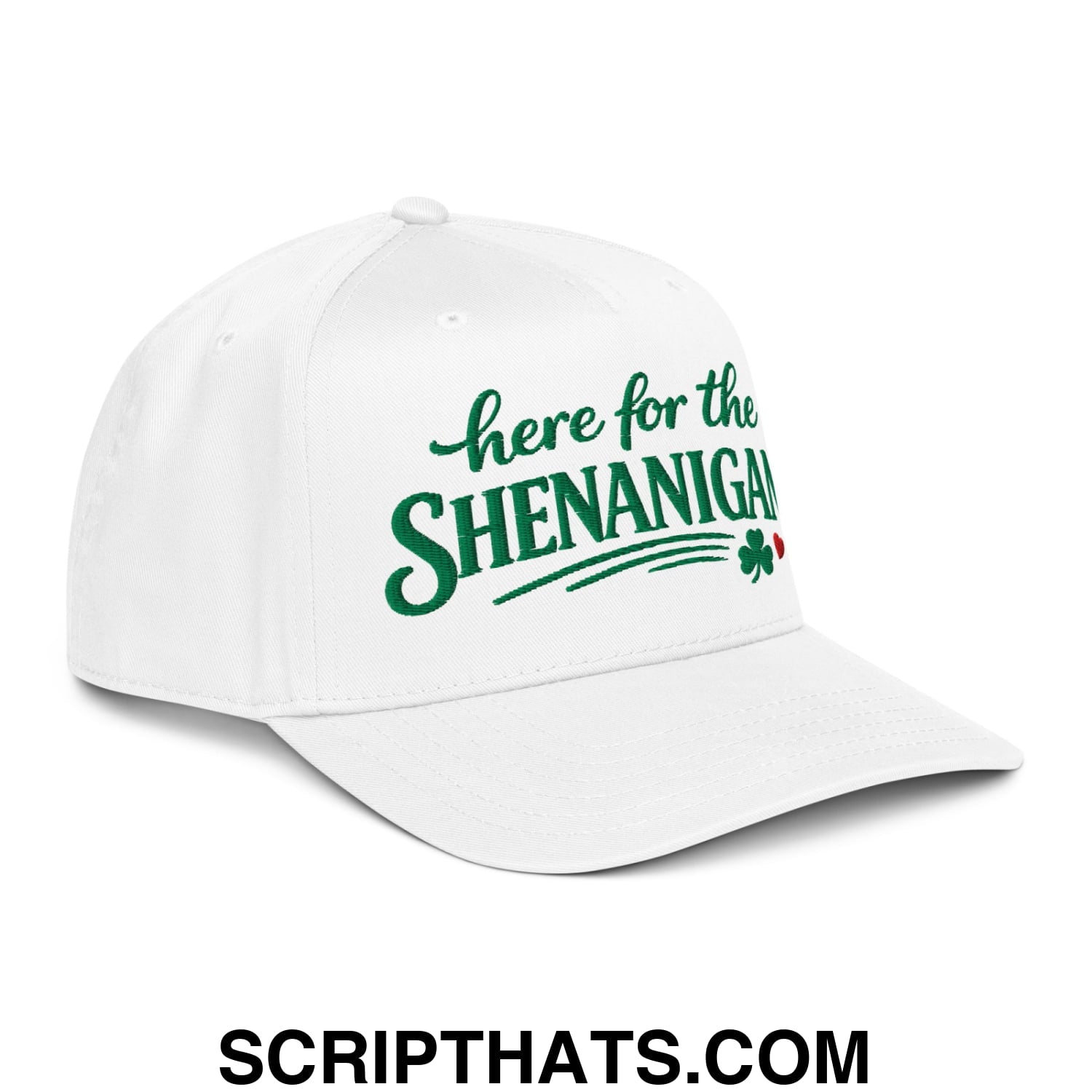Here For The Shenanigans St. Patrick's Day Embroidered Baseball Snapback Hat White
