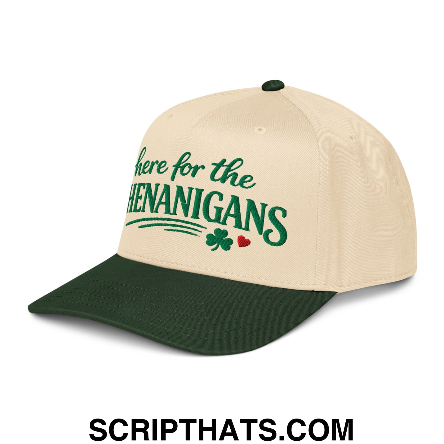 Here For The Shenanigans St. Patrick's Day Embroidered Baseball Snapback Hat Dark Green Natural