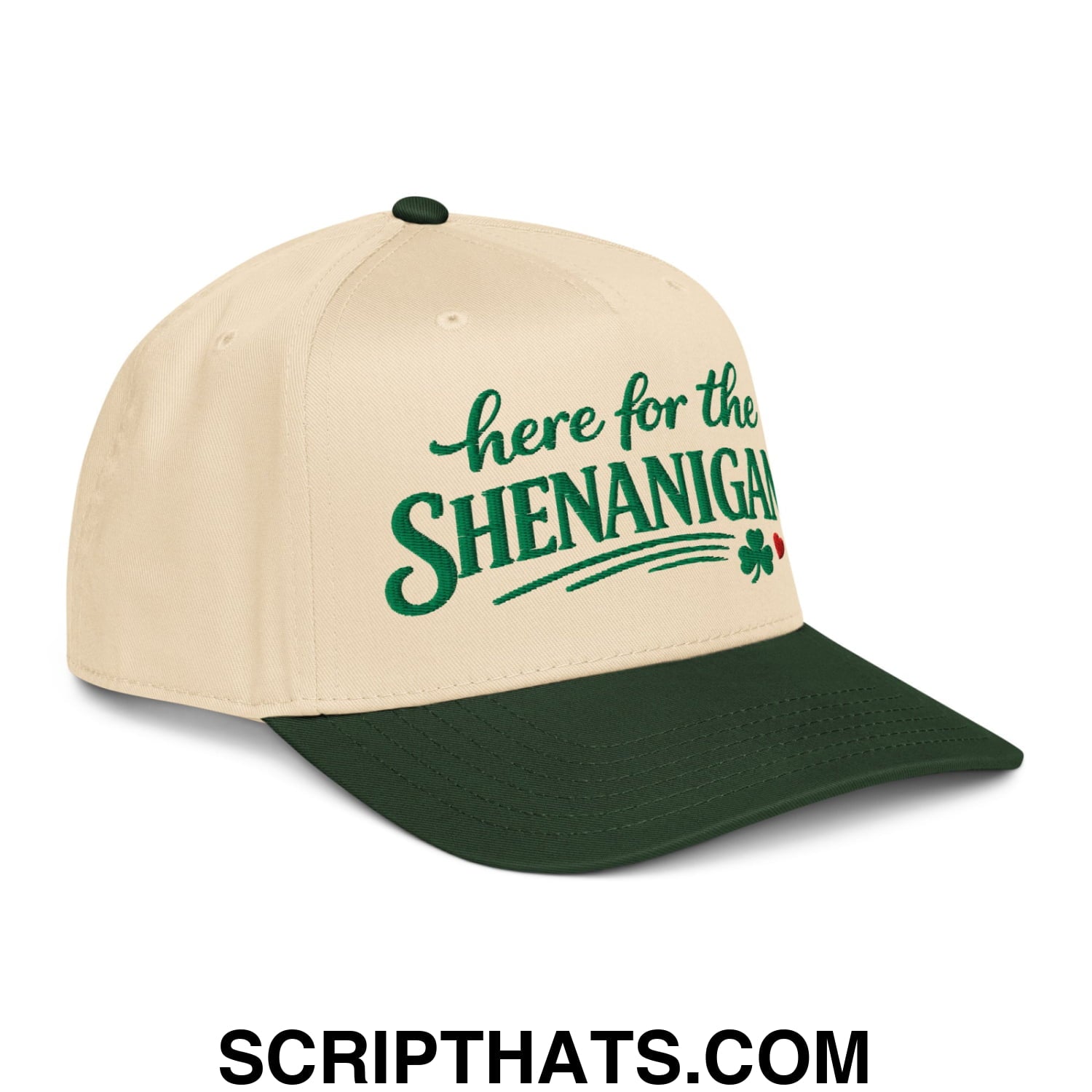 Here For The Shenanigans St. Patrick's Day Embroidered Baseball Snapback Hat Dark Green Natural