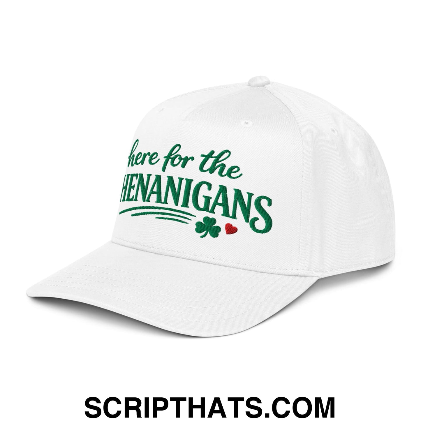 Here For The Shenanigans St. Patrick's Day Embroidered Baseball Snapback Hat White