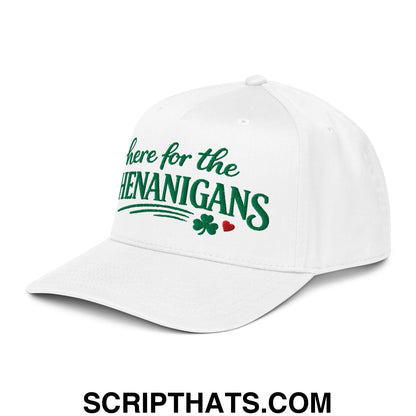 Here For The Shenanigans St. Patrick's Day Embroidered Baseball Snapback Hat White
