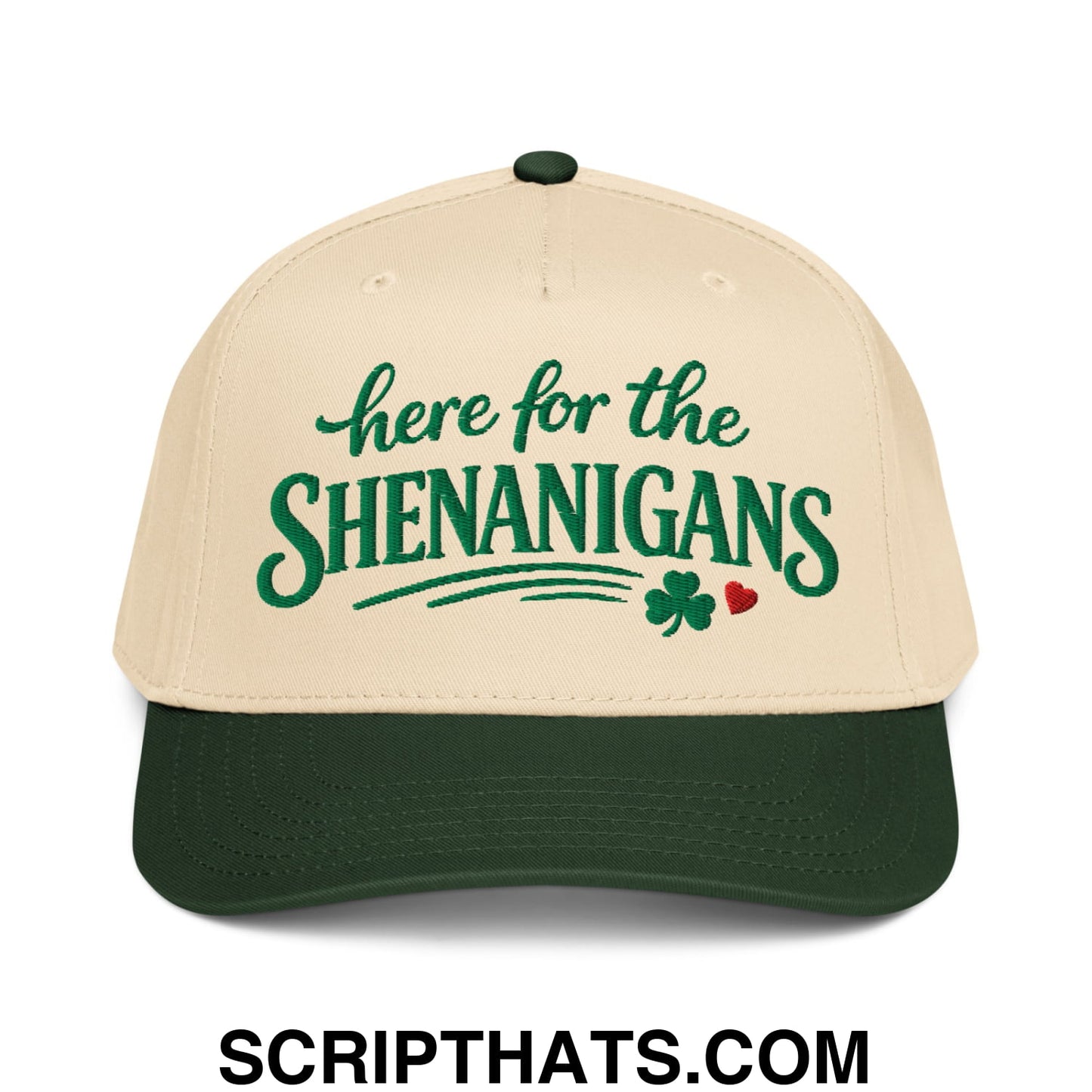 Here For The Shenanigans St. Patrick's Day Embroidered Baseball Snapback Hat Dark Green Natural
