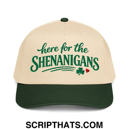 Here For The Shenanigans St. Patrick's Day Embroidered Baseball Snapback Hat Dark Green Natural