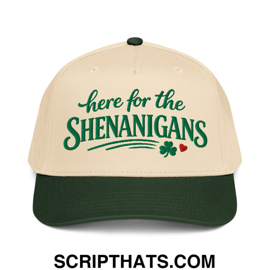Here For The Shenanigans St. Patrick's Day Embroidered Baseball Snapback Hat Dark Green Natural