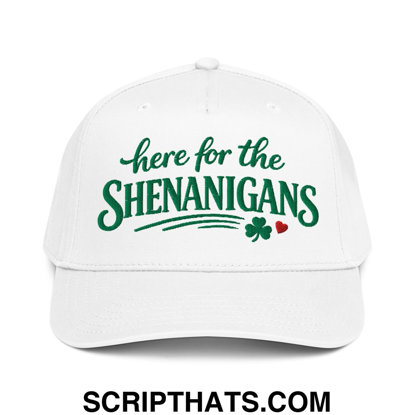 Here For The Shenanigans St. Patrick's Day Embroidered Baseball Snapback Hat White
