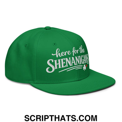 Here For The Shenanigans St. Patrick's Day Embroidered Flat Brim Bill Snapback Hat Default Title