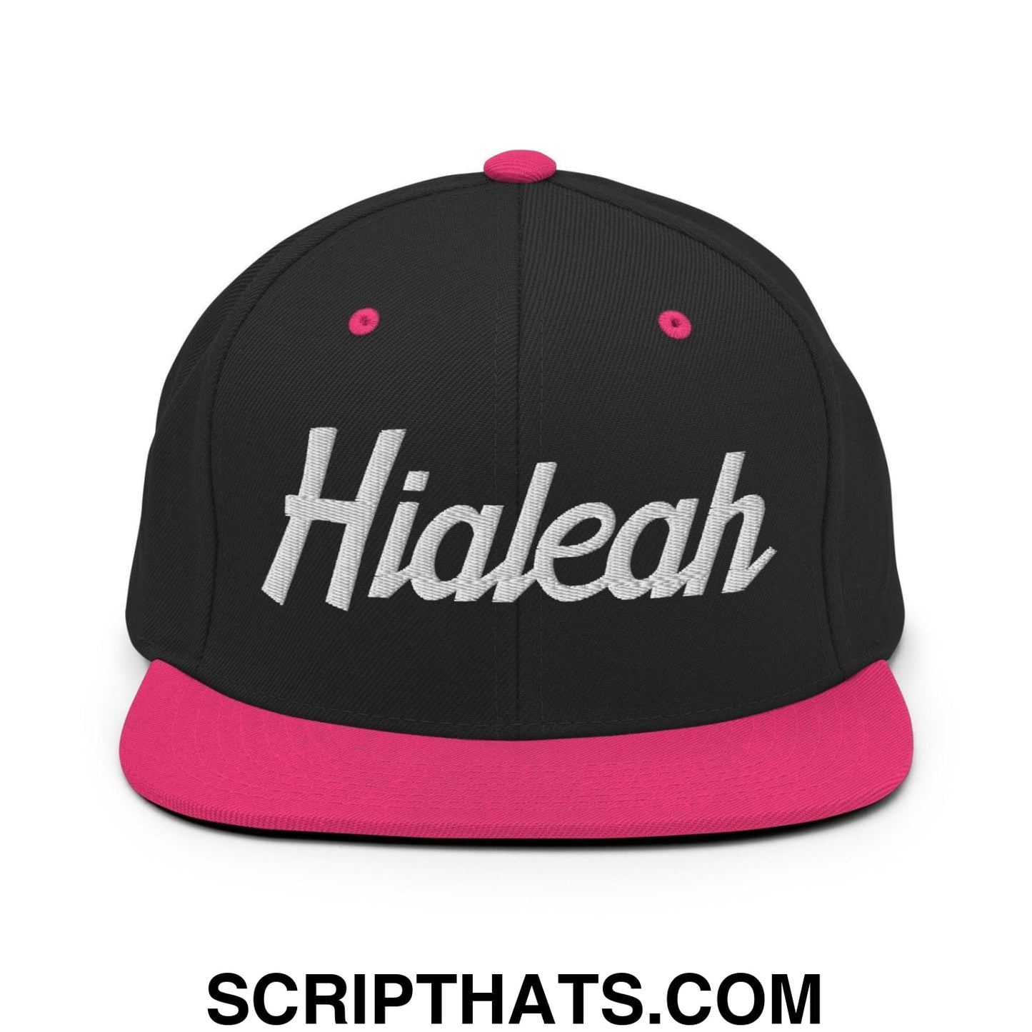 Hialeah Script Snapback Hat Black Neon Pink