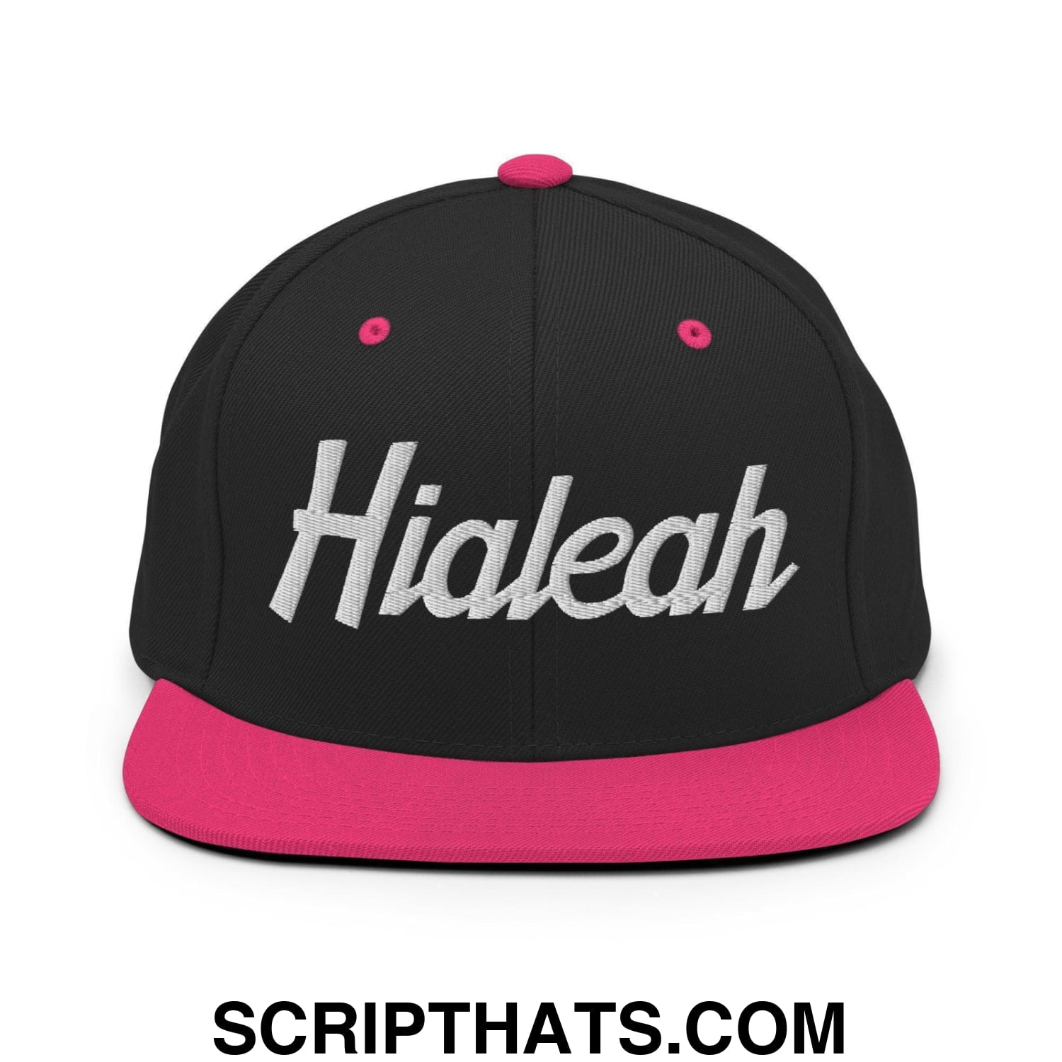 Hialeah Script Snapback Hat Black Neon Pink