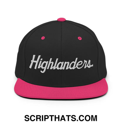 Highlanders School Mascot Script Snapback Hat Black Neon Pink