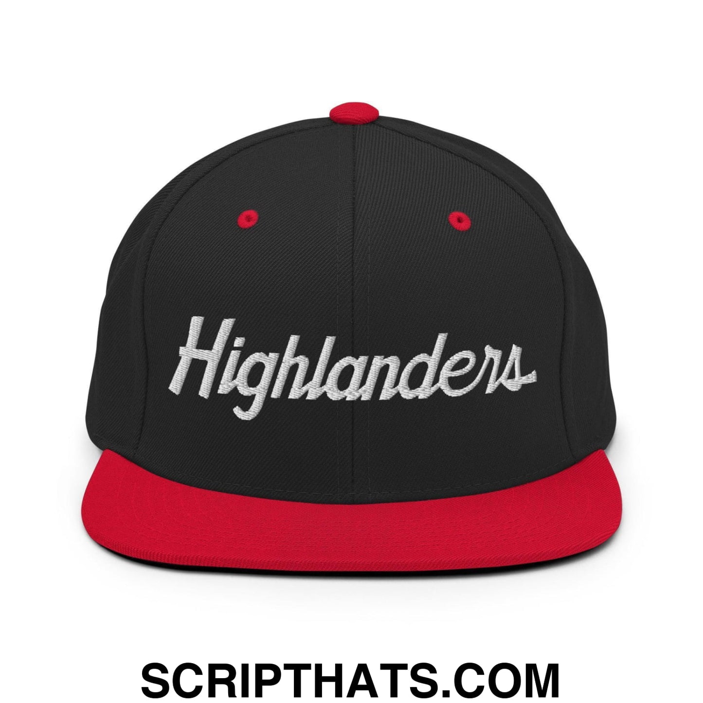 Highlanders School Mascot Script Snapback Hat Black Red