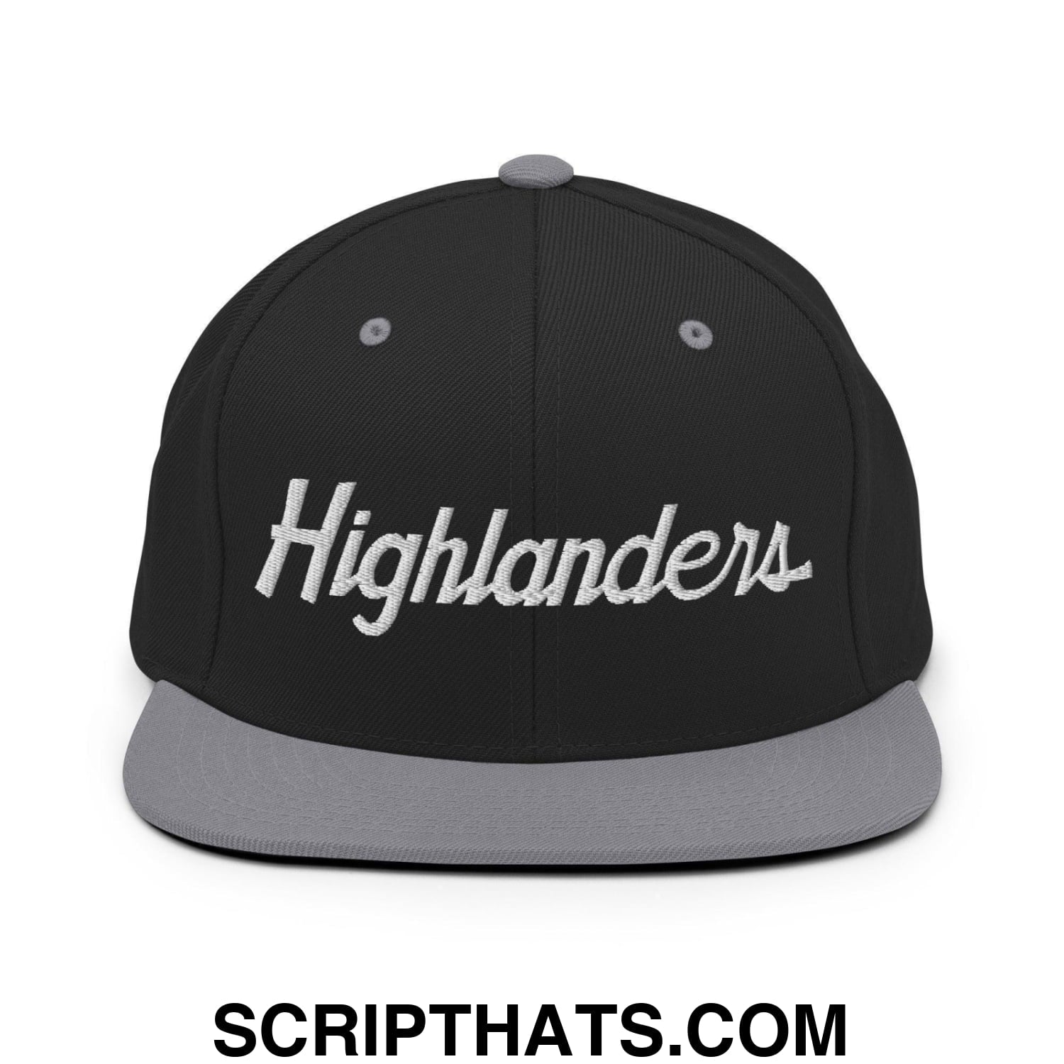 Highlanders School Mascot Script Snapback Hat Black Silver