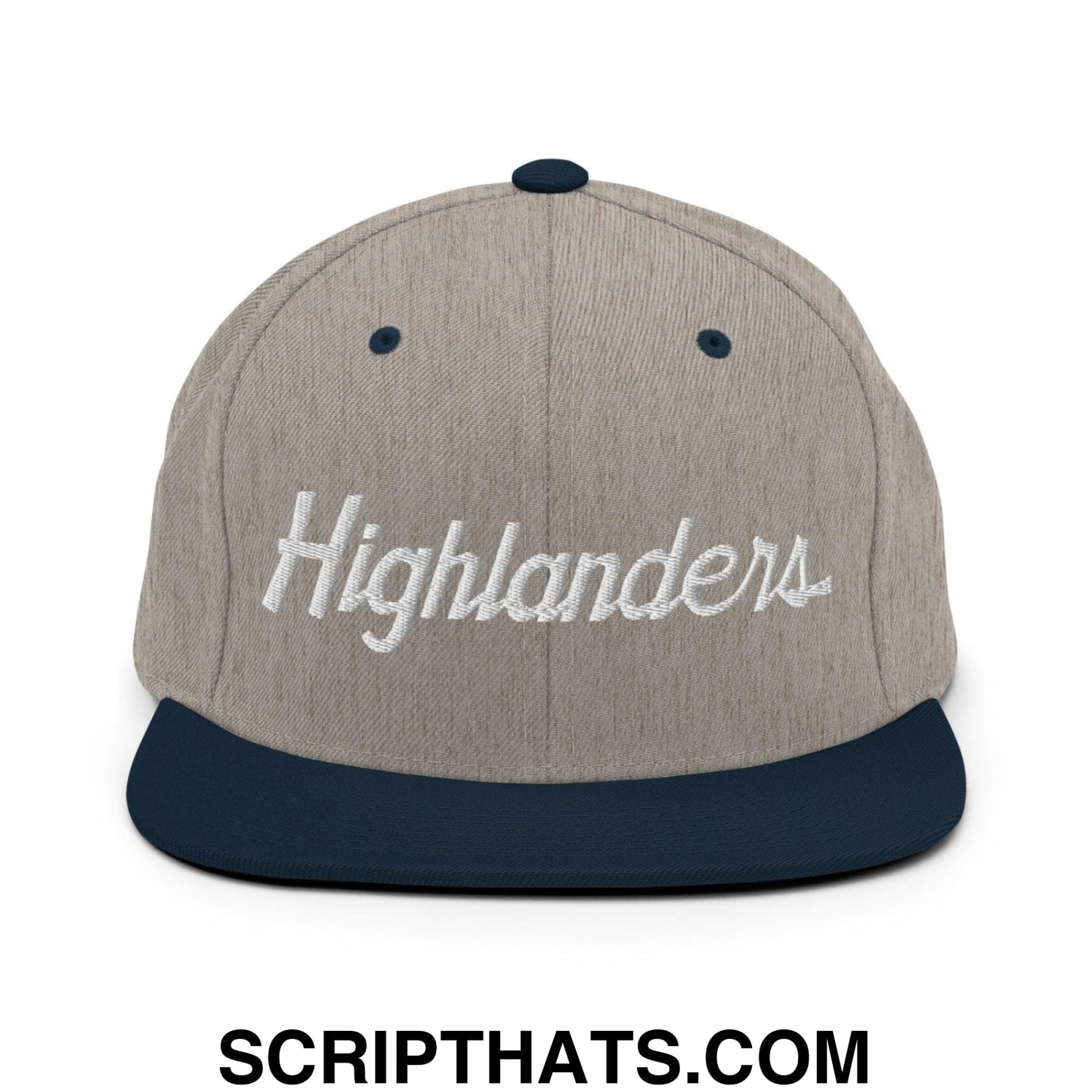 Highlanders School Mascot Script Snapback Hat Heather Grey Navy