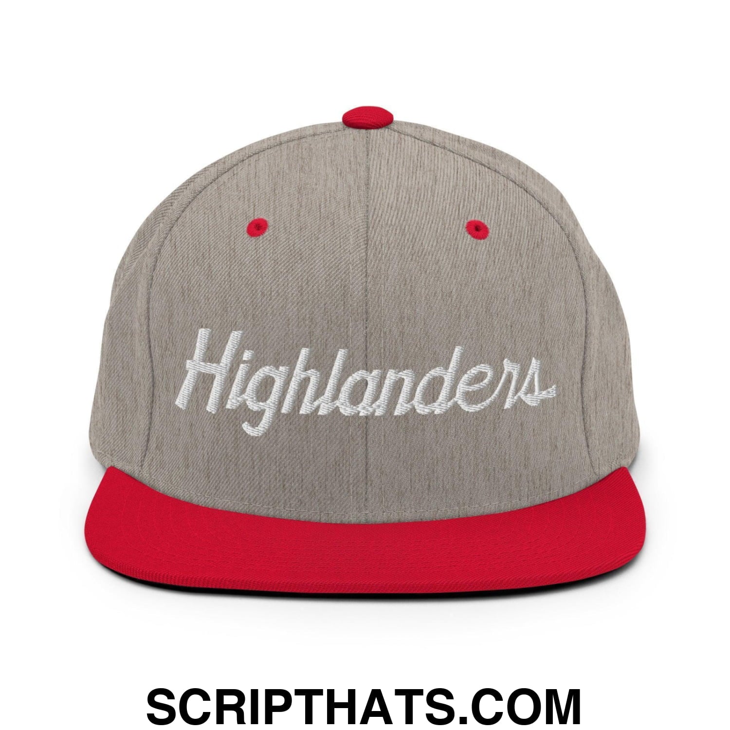 Highlanders School Mascot Script Snapback Hat Heather Grey Red