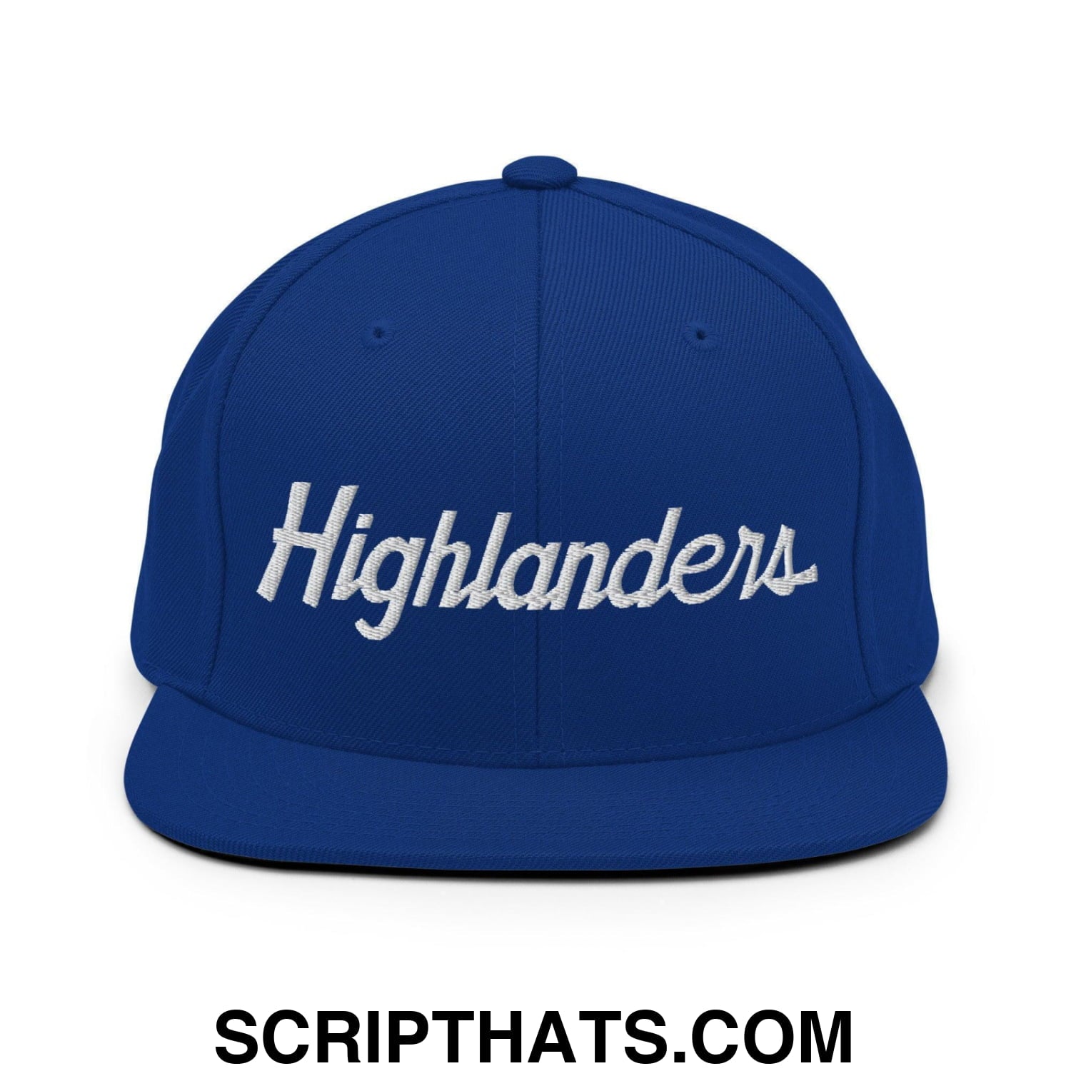 Highlanders School Mascot Script Snapback Hat Royal Blue
