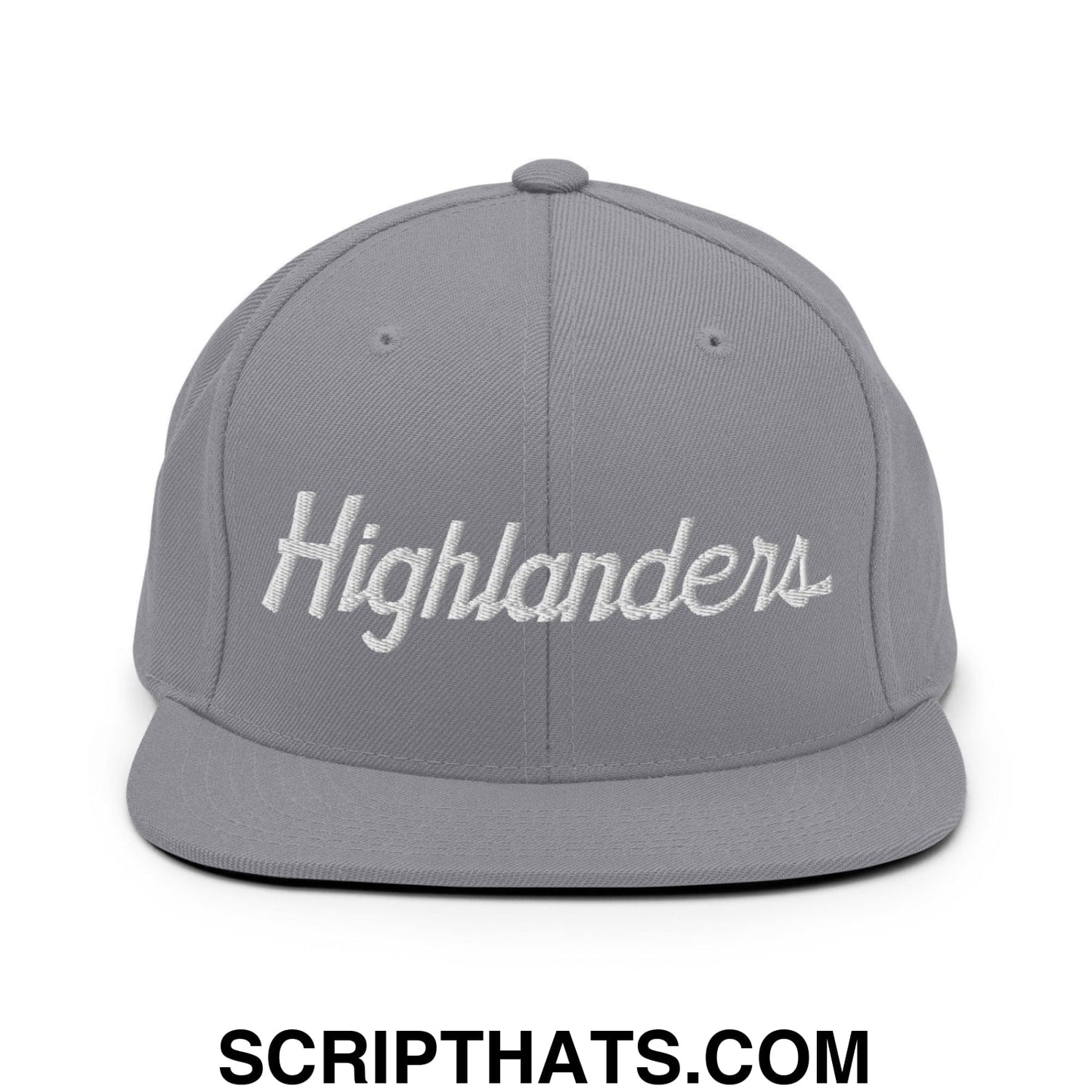 Highlanders School Mascot Script Snapback Hat Silver