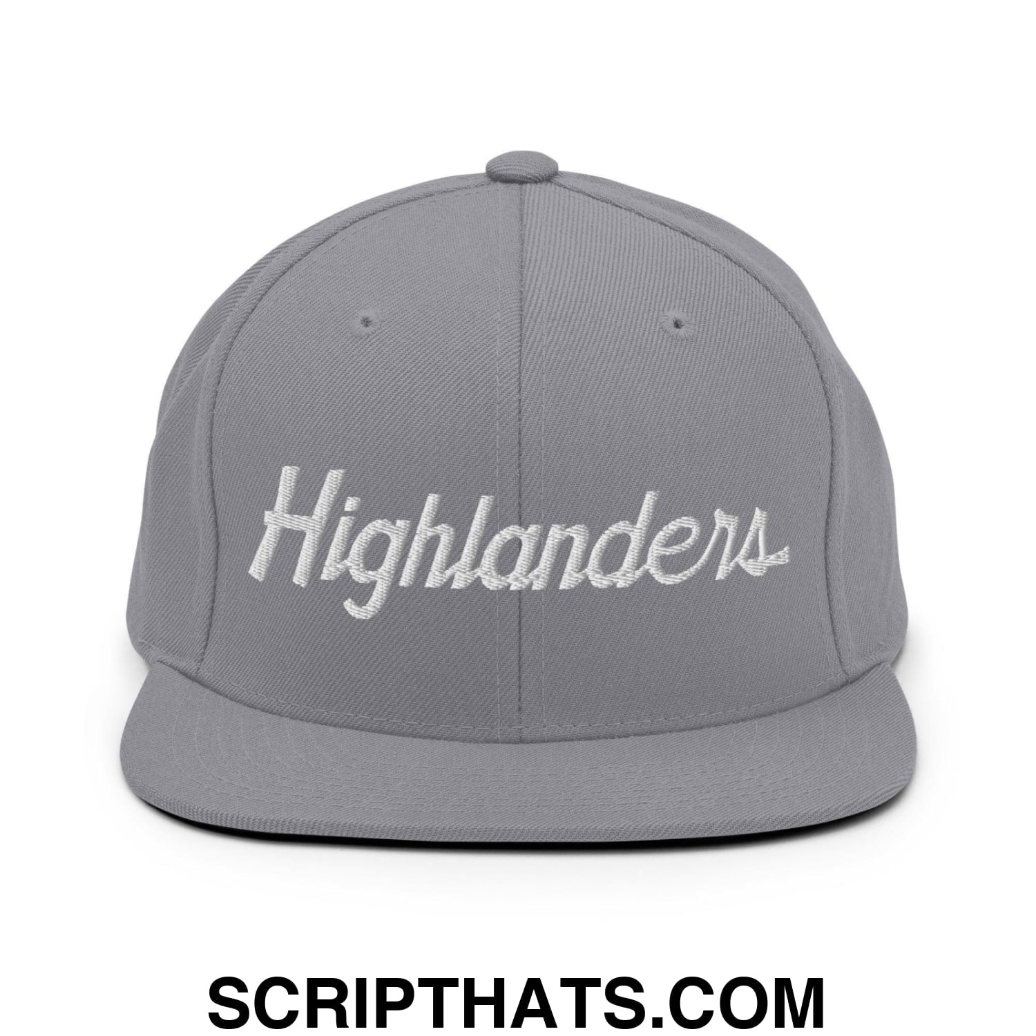 Highlanders School Mascot Script Snapback Hat Silver