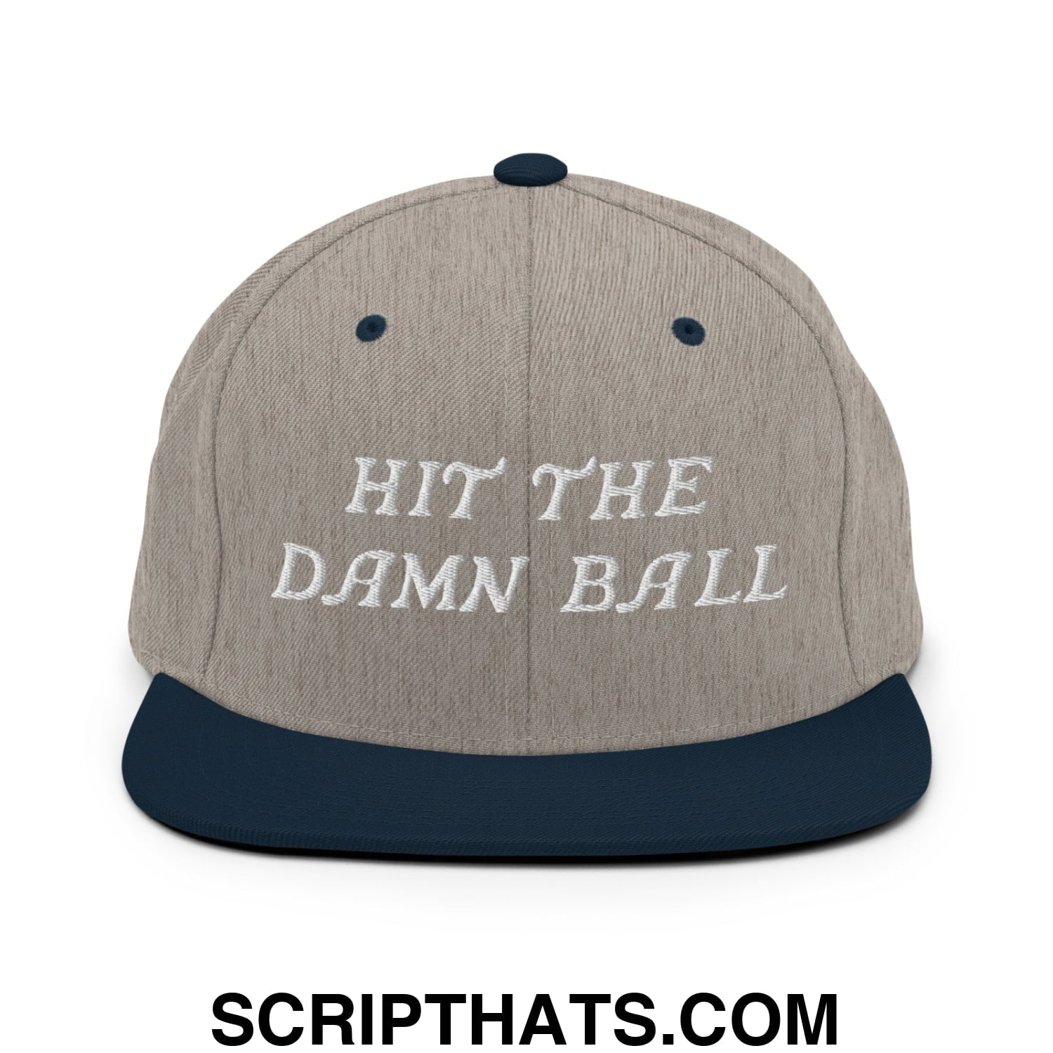 Hit The Damn Ball Embroidered Flat Bill Brim Snapback Hat Heather Grey Navy