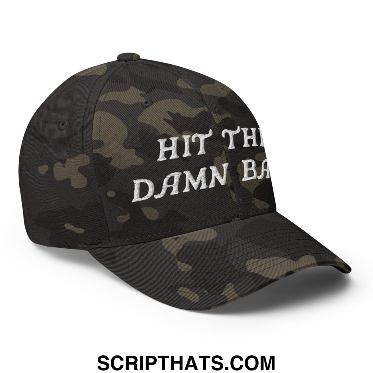 Black and olive camouflage stretch fit golf hat with white embroidered hit the damn ball text on front