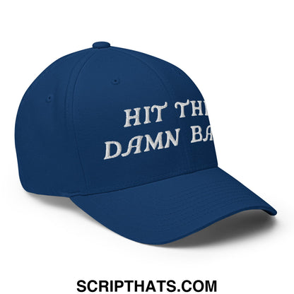 A navy blue stretch fit golf hat with white embroidered text hit the damn ball for casual and sporty wear