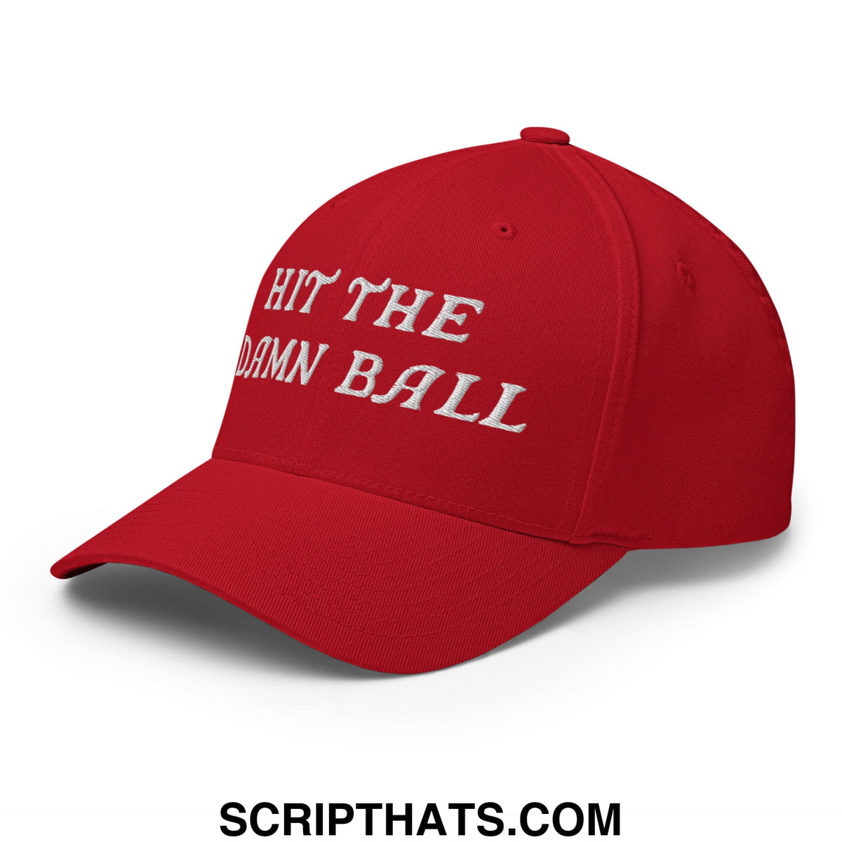 Red stretch fit golf hat with white embroidered text hit the damn ball showcasing sporty casual style