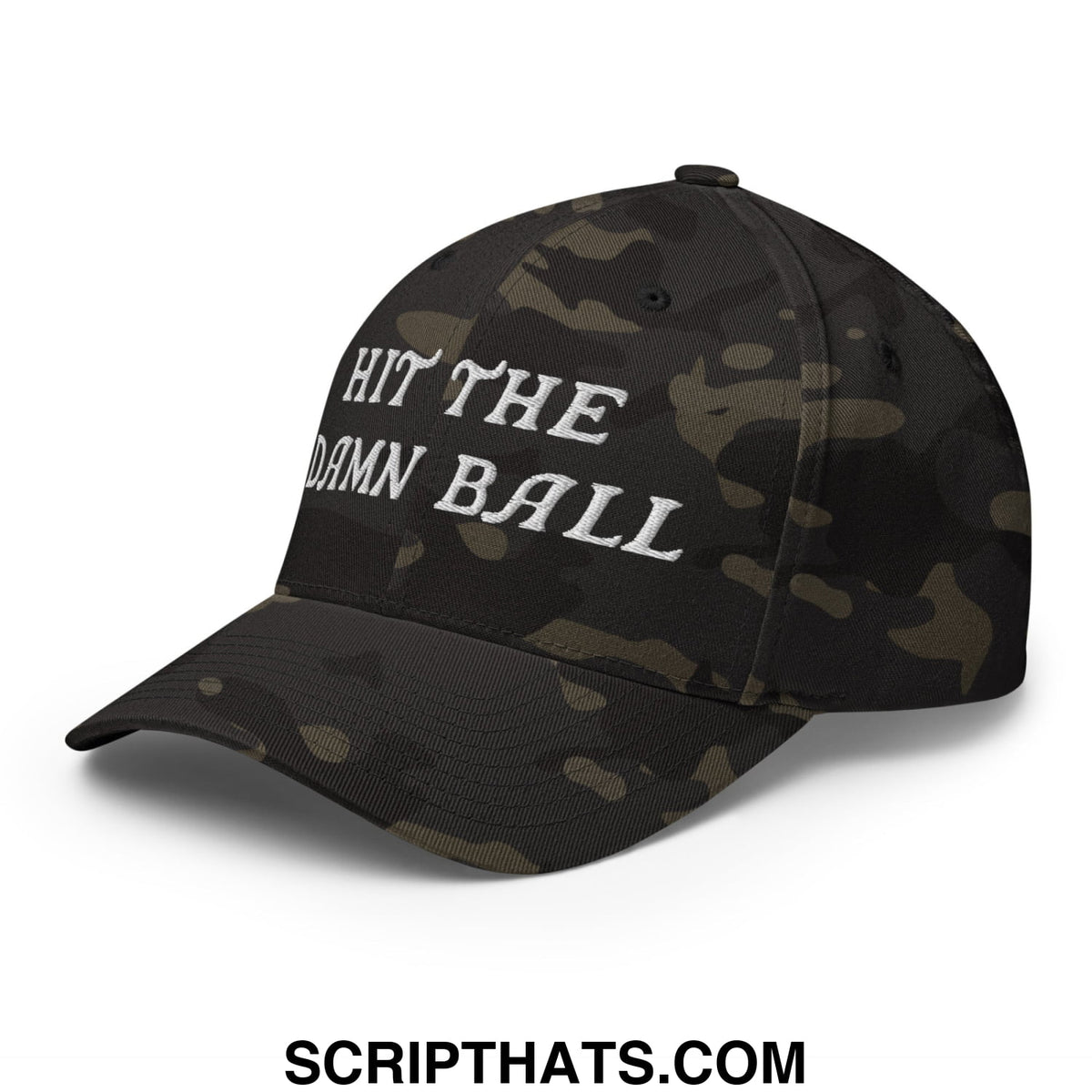 Black camouflage stretch fit golf hat with white embroidered text hit the damn ball on front panel