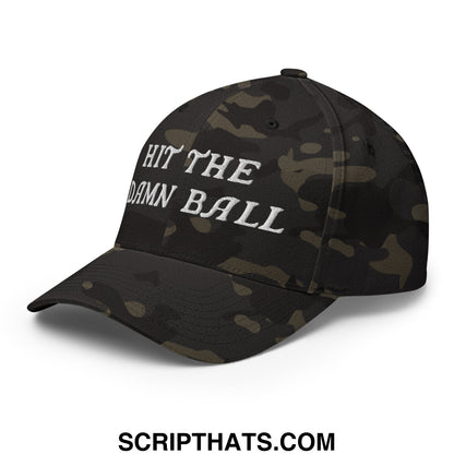 Black camouflage stretch fit golf hat with white embroidered text hit the damn ball on front panel