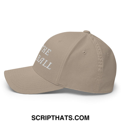 Beige stretch fit golf hat with white embroidered text reading the ball designed for hitting the damn ball