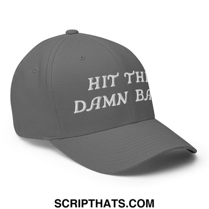 Gray stretch fit golf hat with white embroidered text hit the damn ball on the front panel