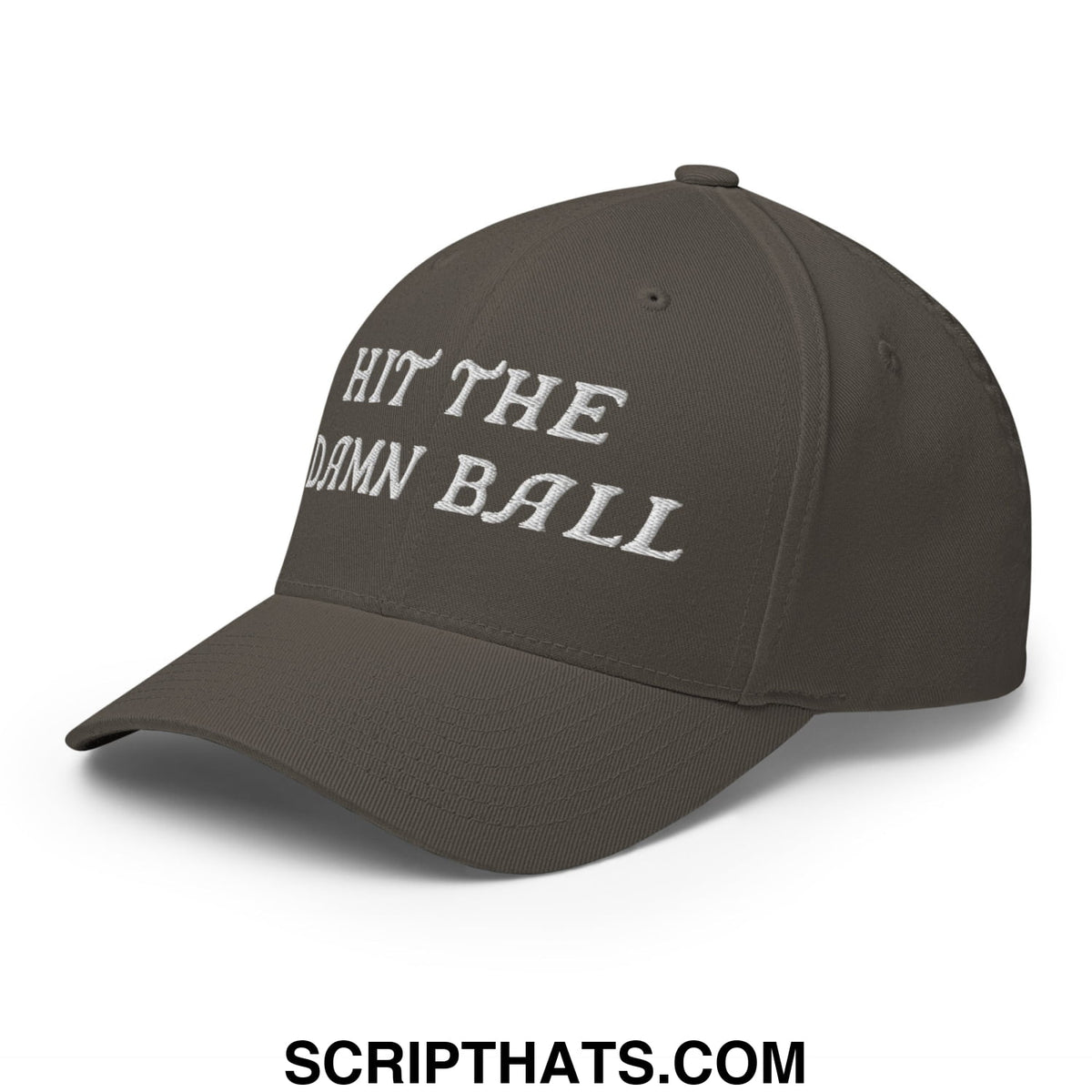 Dark olive green stretch fit golf hat with white embroidered hit the damn ball text on the front