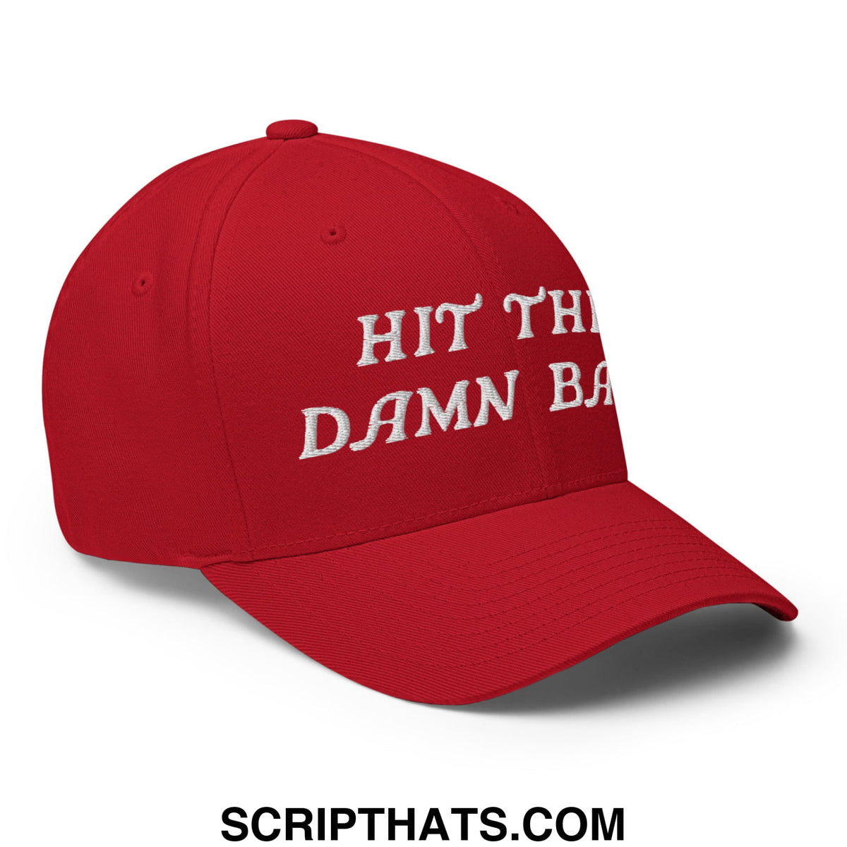 Red stretch fit golf hat with white embroidered hit the damn ball text on the front