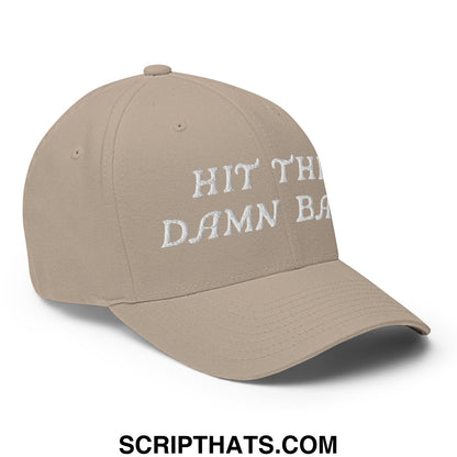 Beige stretch fit golf hat with white embroidered text reading hit the damn b and a comfortable fit design
