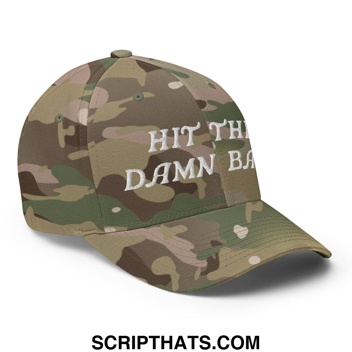 Hit the damn ball embroidered stretch fit golf hat with white text on camouflage patterned baseball cap