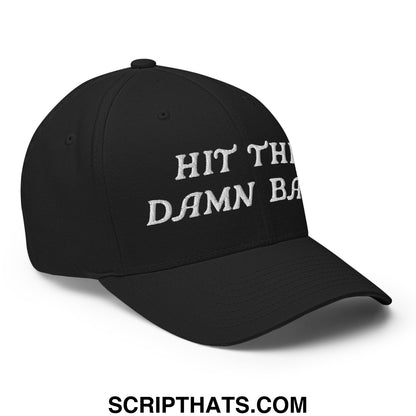 Black stretch fit golf hat with white embroidered bold text reading hit the damn b for casual sportswear
