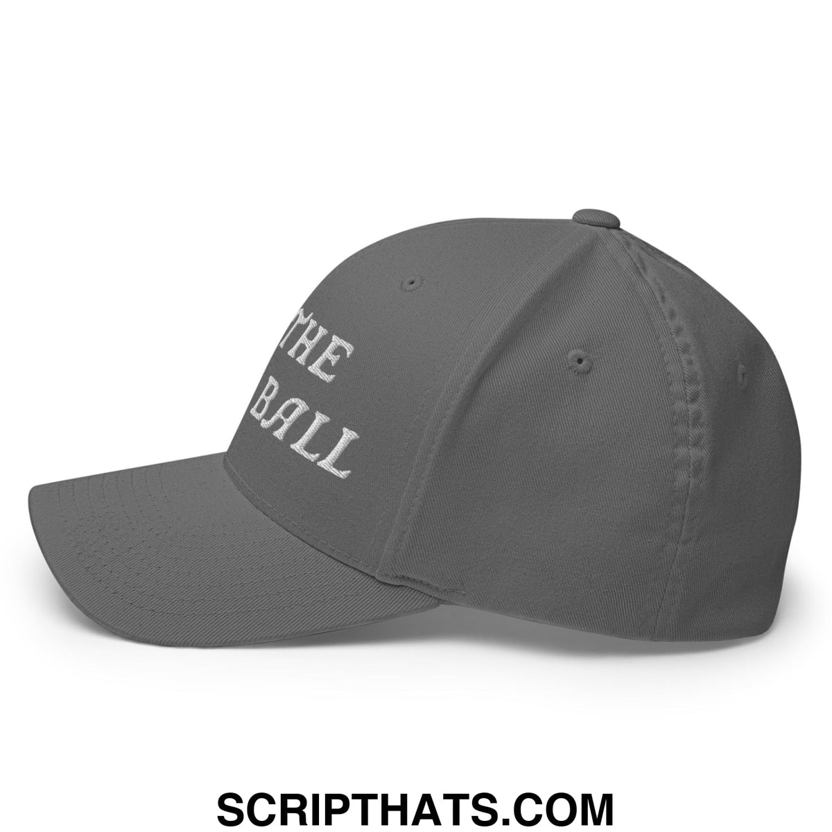 Gray stretch fit golf hat with white embroidered the ball text and hit the damn ball design on front
