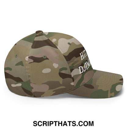 A camouflage-patterned stretch fit baseball cap with white embroidered hit the damn ball text on the side