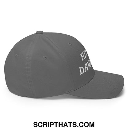 Gray stretch fit golf hat with white embroidered hit damn text on the side for comfortable sportswear