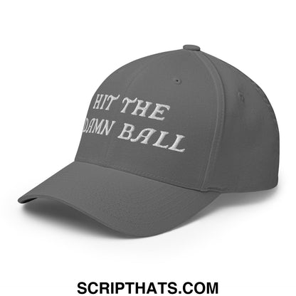 Gray stretch fit golf hat with white embroidered hit the damn ball text for casual sportswear use