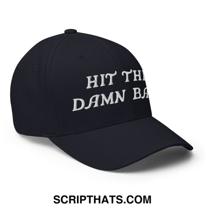 Black stretch fit golf hat with white embroidered hit the damn b text in bold stylized font