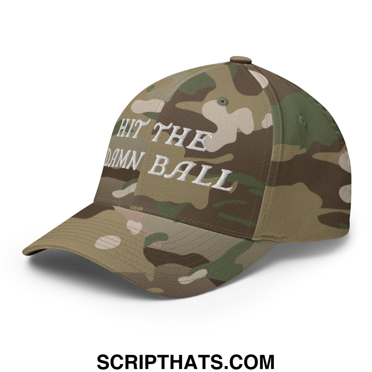 A camouflage stretch fit golf hat with white embroidered text reading hit the damn ball across the front